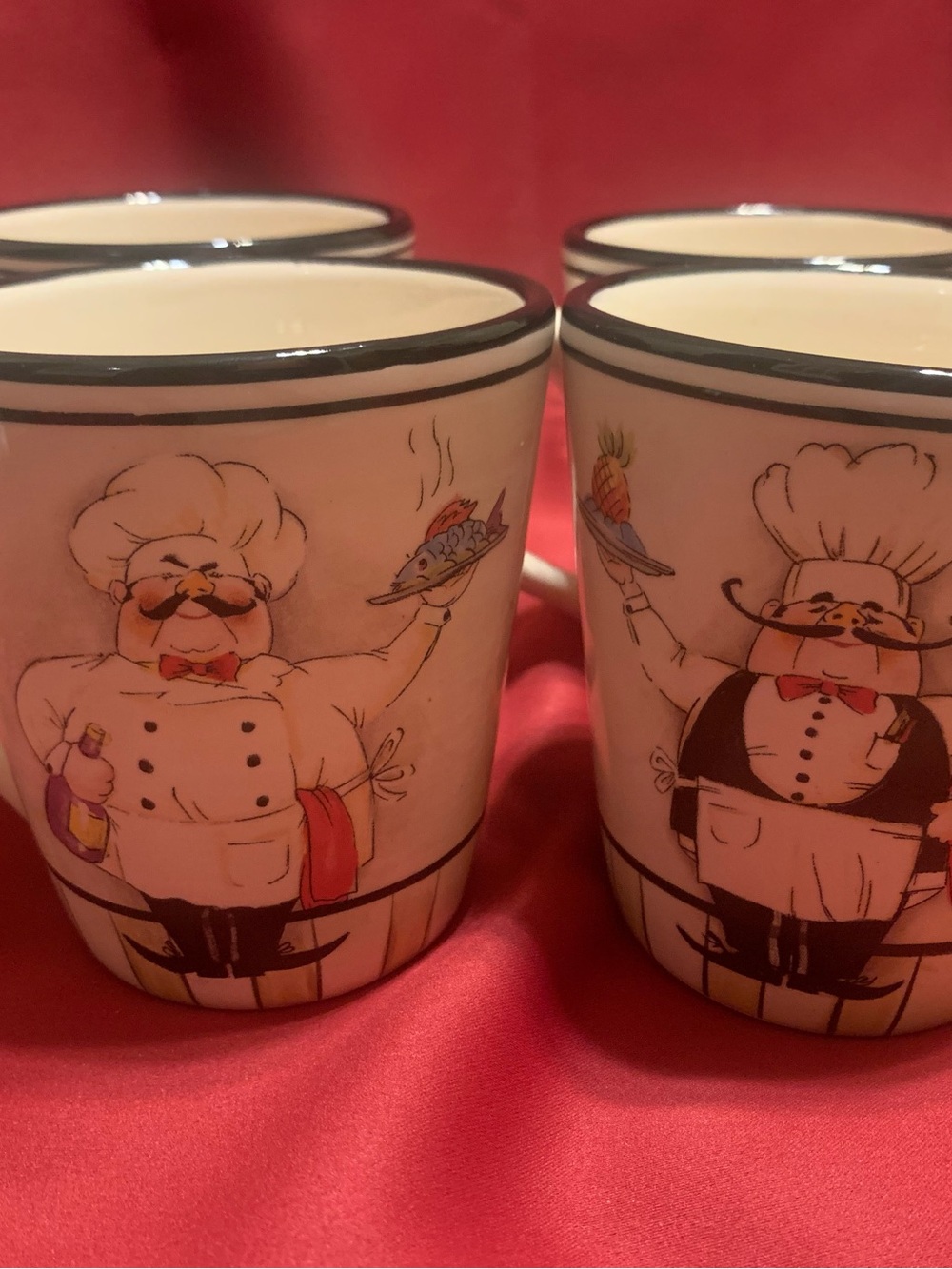 Le Chef Cartoon Ceramic Espresso Cups - White with Black Trim- set of 4